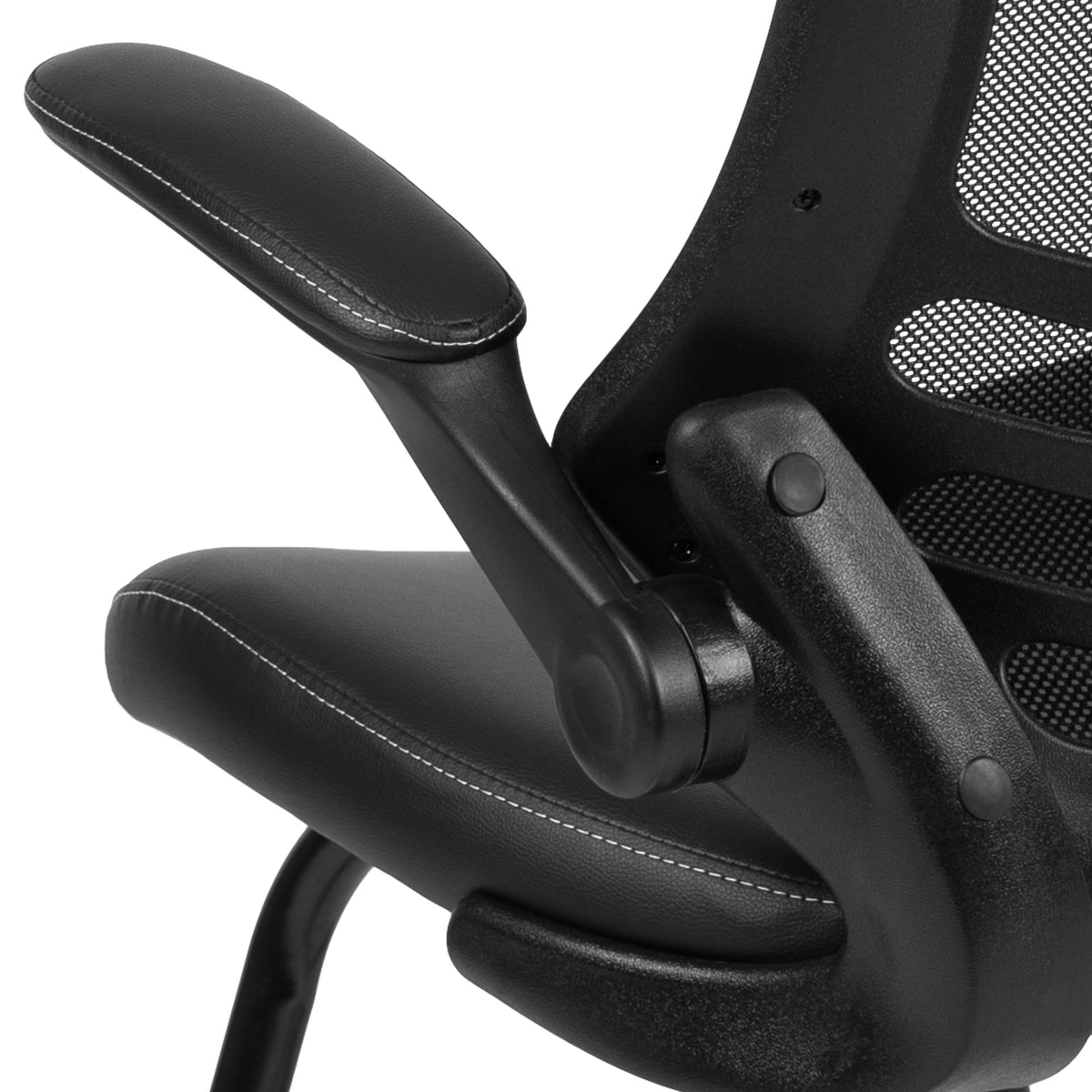 Black LeatherSoft/Mesh |#| Black Mesh Sled Base Side Reception Chair with LeatherSoft Seat and Flip-Up Arms