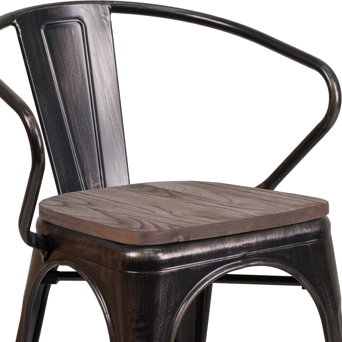 Black-Antique Gold |#| Black-Antique Gold Stackable Metal Chair with Wood Seat and Arms - Bistro Chair