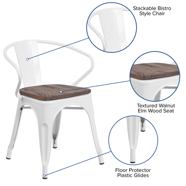 White |#| White Metal Chair with Wood Seat and Arms - Restaurant Furniture