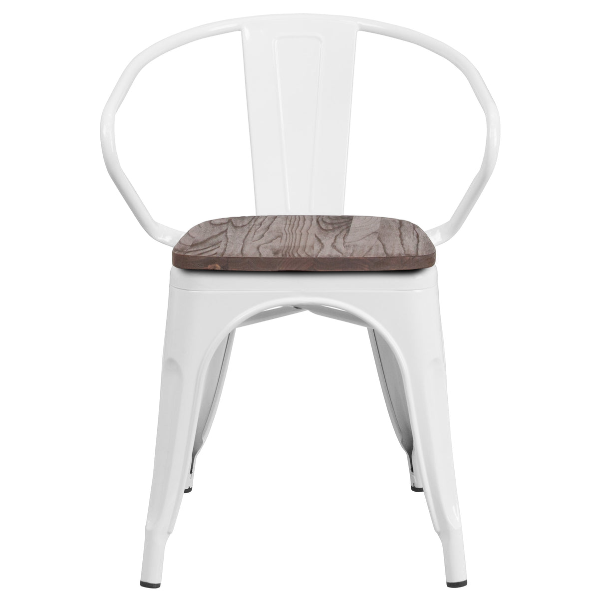 White |#| White Metal Chair with Wood Seat and Arms - Restaurant Furniture