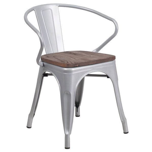 Silver |#| Silver Metal Chair with Wood Seat and Arms - Restaurant Furniture