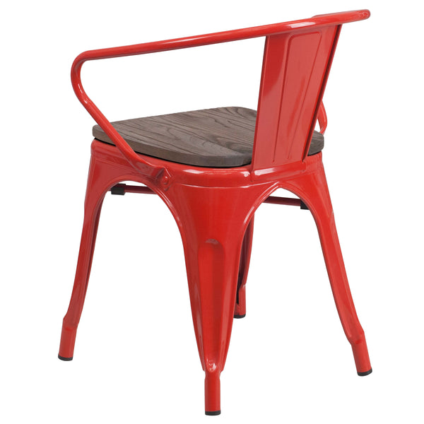 Red |#| Red Metal Chair with Wood Seat and Arms - Restaurant Furniture