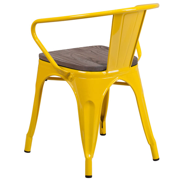 Yellow |#| Yellow Metal Chair with Wood Seat and Arms - Restaurant Furniture