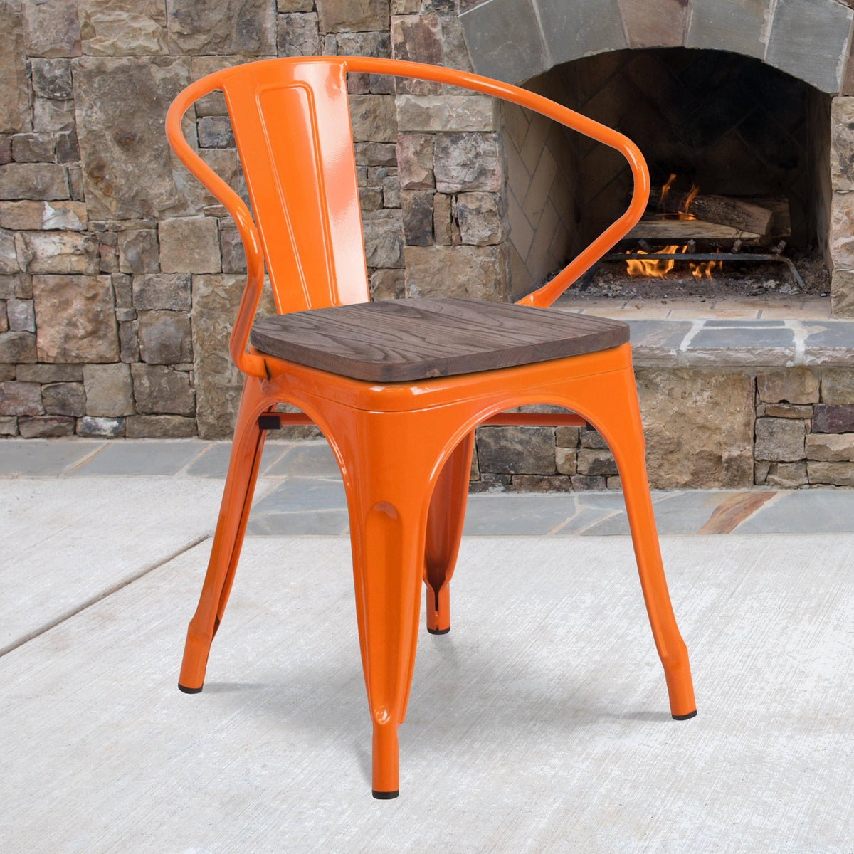 Orange |#| Orange Metal Chair with Wood Seat and Arms - Restaurant Furniture