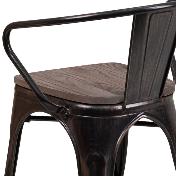 Black-Antique Gold |#| Black-Antique Gold Stackable Metal Chair with Wood Seat and Arms - Bistro Chair