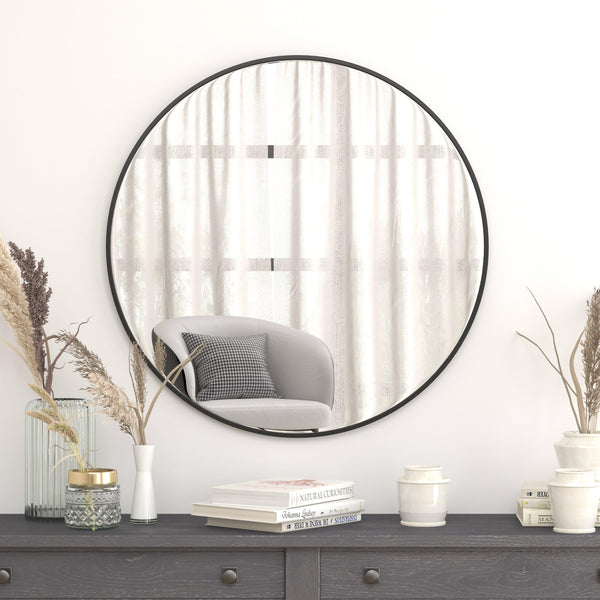 Black,36" Round |#| Accent Wall Mount Mirror with Black Aluminum Frame - 36" Round Wall Mirror