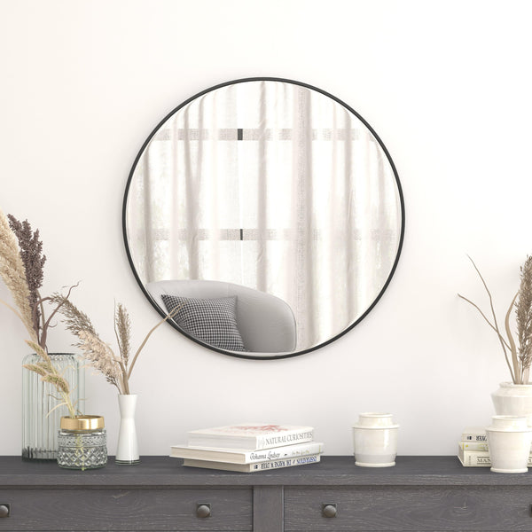 Black,30" Round |#| Accent Wall Mount Mirror with Black Aluminum Frame - 30" Round Wall Mirror