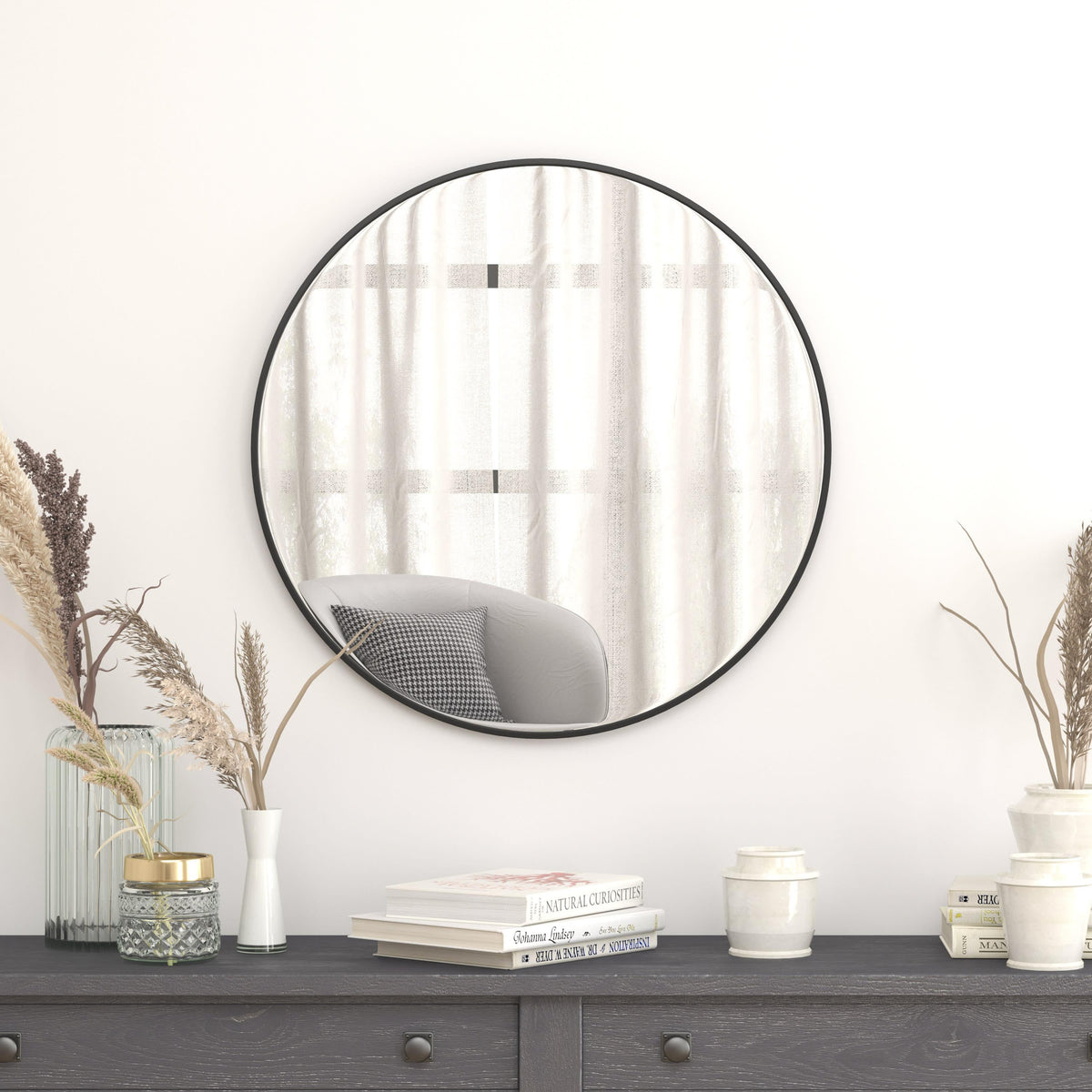 Black,30" Round |#| Accent Wall Mount Mirror with Black Aluminum Frame - 30" Round Wall Mirror