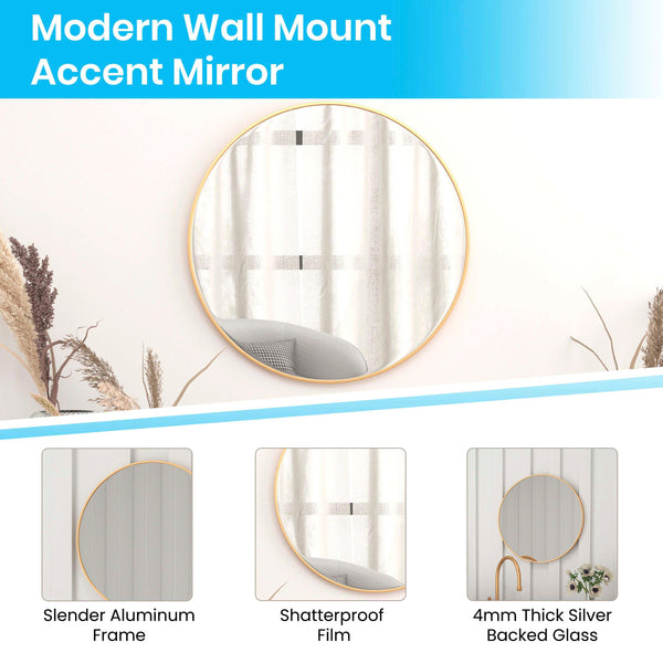 Gold,24" Round |#| Accent Wall Mount Mirror with Gold Aluminum Frame - 24" Round Wall Mirror