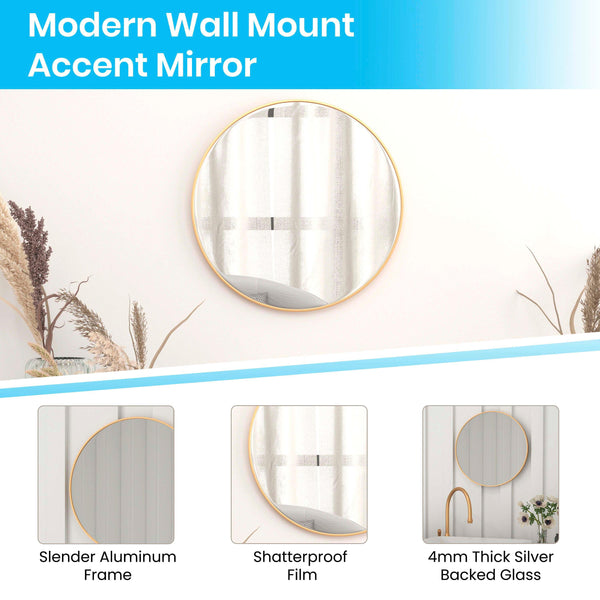 Gold,20" Round |#| Accent Wall Mount Mirror with Gold Aluminum Frame - 20" Round Wall Mirror