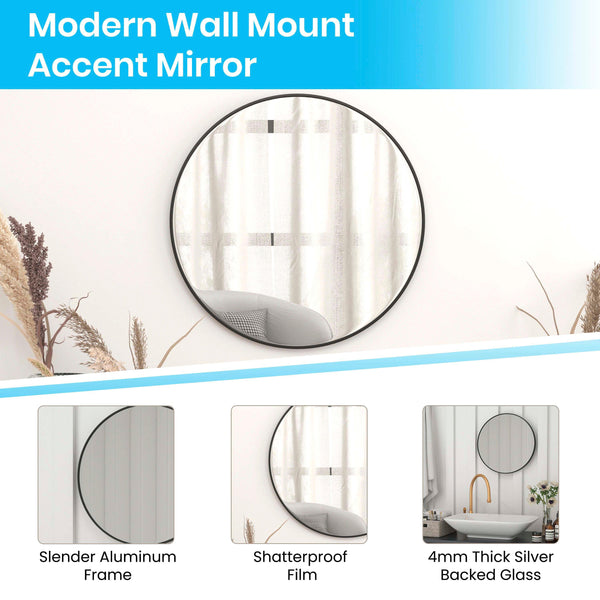 Black,20" Round |#| Accent Wall Mount Mirror with Black Aluminum Frame - 20" Round Wall Mirror