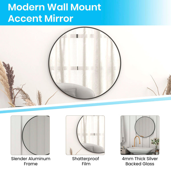 Black,24" Round |#| Accent Wall Mount Mirror with Black Aluminum Frame - 24" Round Wall Mirror