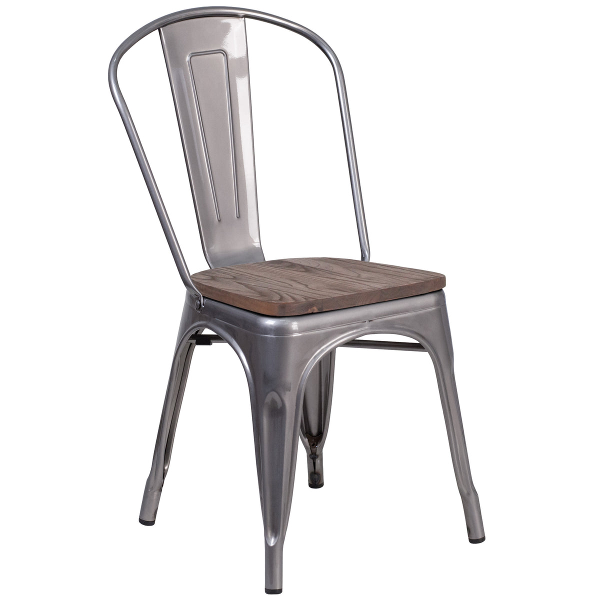 Clear Coated Metal Stackable Chair with Wood Seat