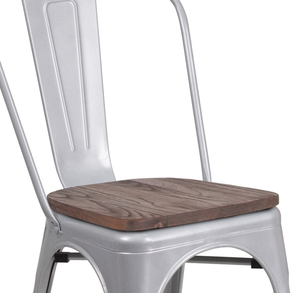 Silver |#| Silver Metal Stackable Chair with Wood Seat - Restaurant Chair - Bistro Chair