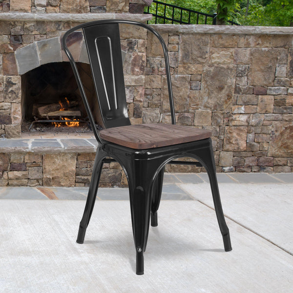 Black |#| Black Metal Stackable Chair with Wood Seat - Restaurant Chair - Bistro Chair