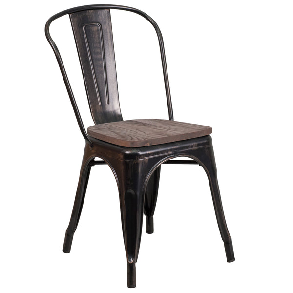 Black-Antique Gold |#| Black-Antique Gold Metal Stackable Chair with Wood Seat - Restaurant Chair