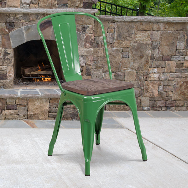 Green |#| Green Metal Stackable Chair with Wood Seat - Restaurant Chair - Bistro Chair
