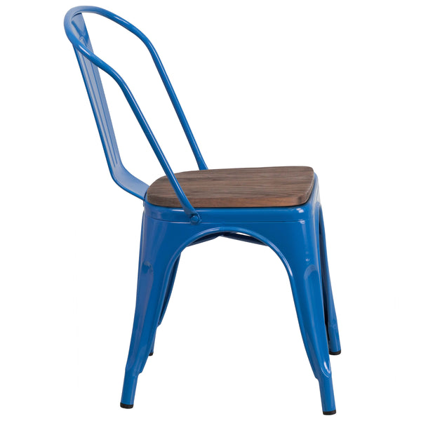 Blue |#| Blue Metal Stackable Chair with Wood Seat - Restaurant Chair - Bistro Chair