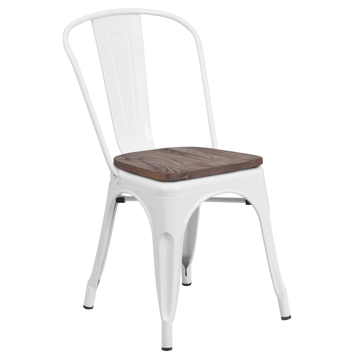 White |#| White Metal Stackable Chair with Wood Seat - Restaurant Chair - Bistro Chair