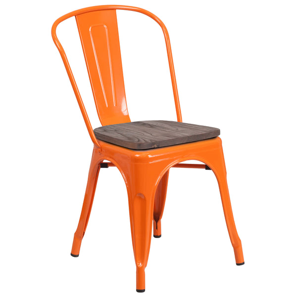Orange |#| Orange Metal Stackable Chair with Wood Seat - Restaurant Chair - Bistro Chair