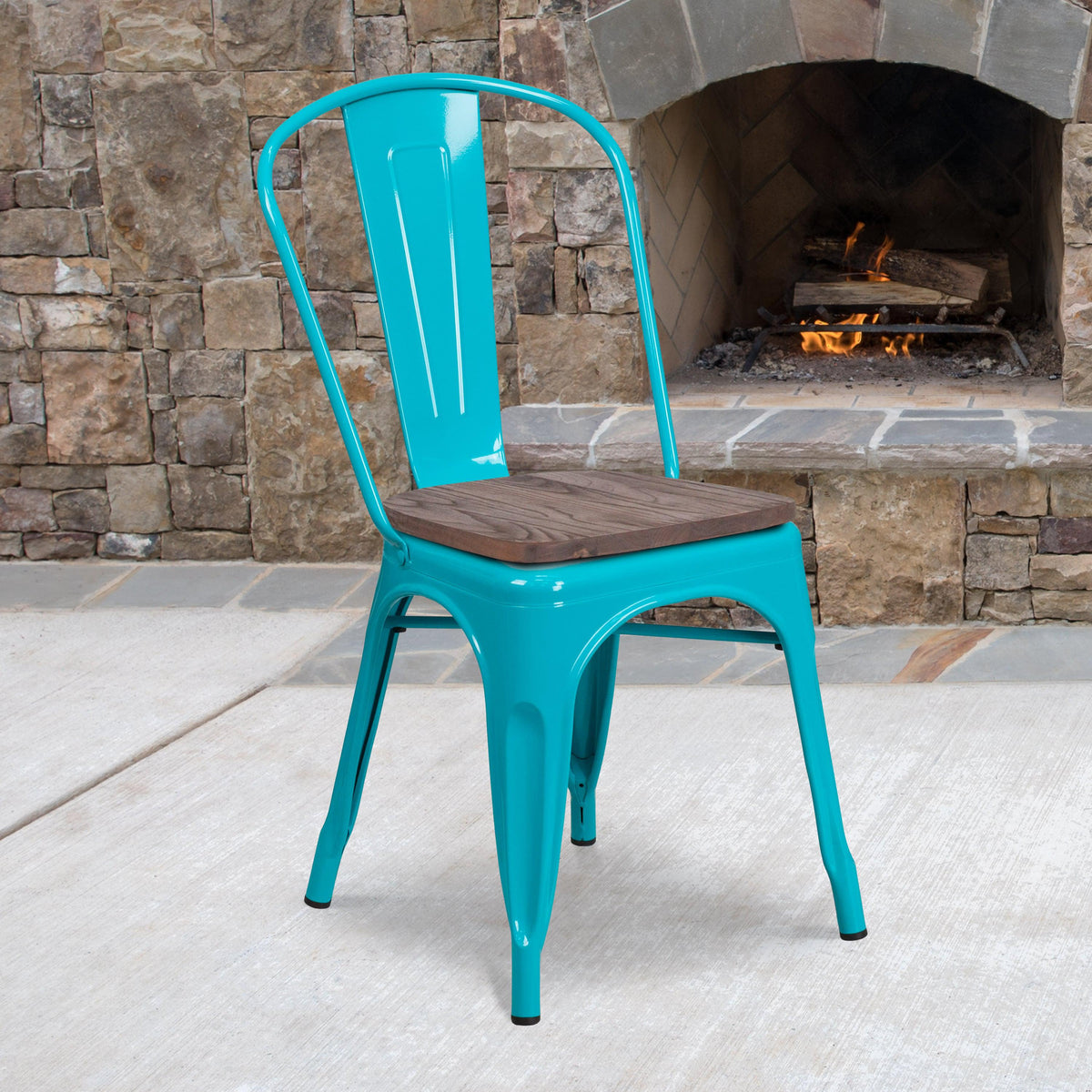 Crystal Teal-Blue |#| Crystal Teal-Blue Metal Stackable Chair with Wood Seat - Kitchen Furniture