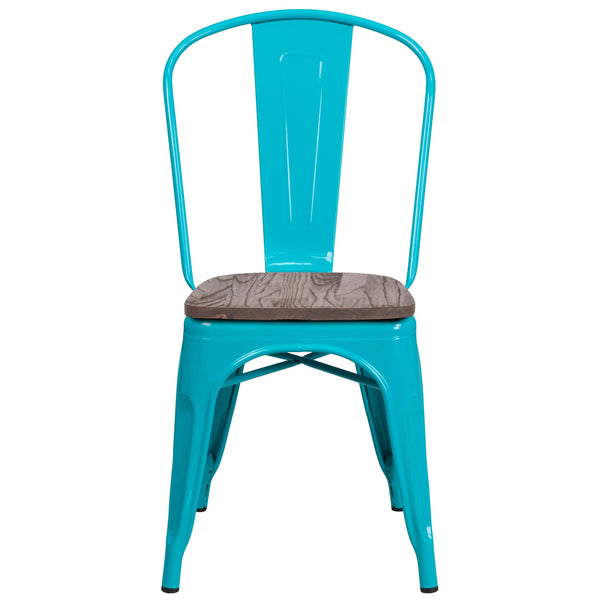 Crystal Teal-Blue |#| Crystal Teal-Blue Metal Stackable Chair with Wood Seat - Kitchen Furniture