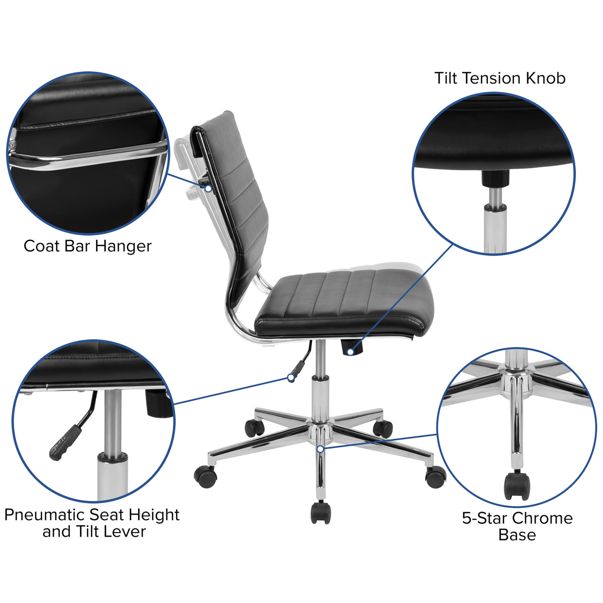 Black |#| Mid-Back Armless Black LeatherSoft Ribbed Executive Swivel Office Chair