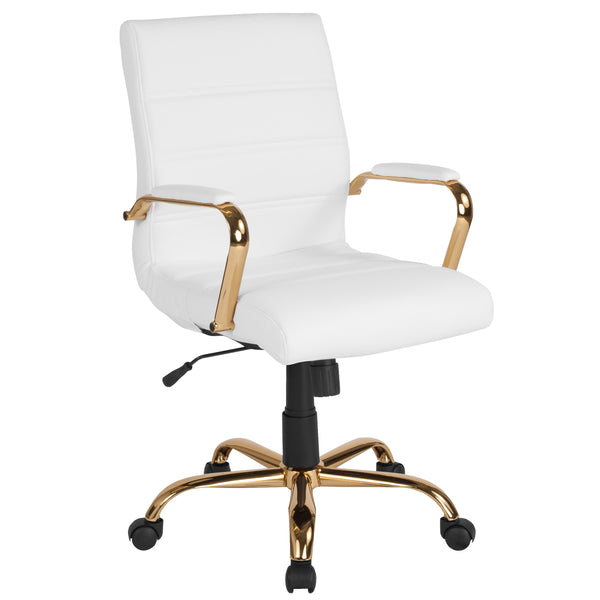 White LeatherSoft/Gold Frame |#| Mid-Back White LeatherSoft Executive Swivel Office Chair with Gold Frame/Arms