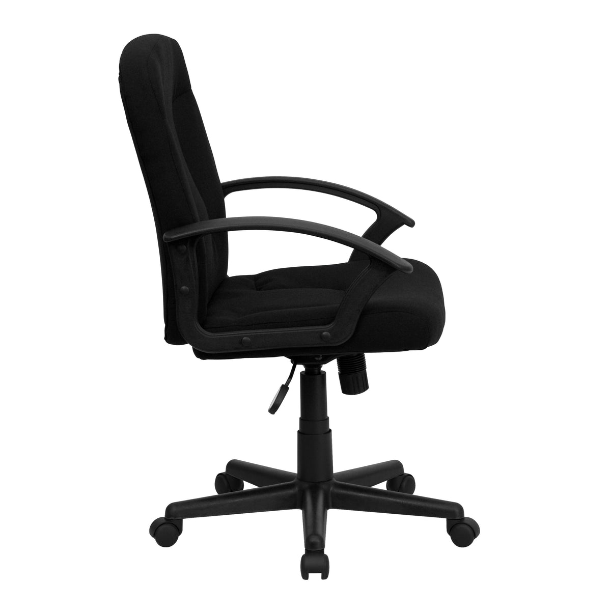 Black |#| Mid-Back Black Fabric Executive Swivel Office Chair with Nylon Arms