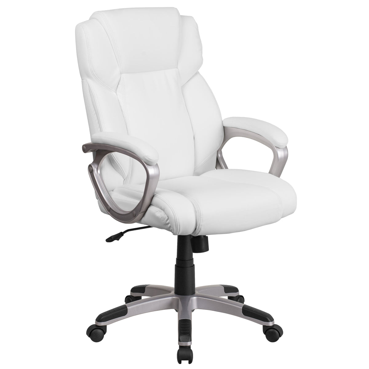 White |#| Mid-Back White LeatherSoft Executive Swivel Office Chair with Padded Arms