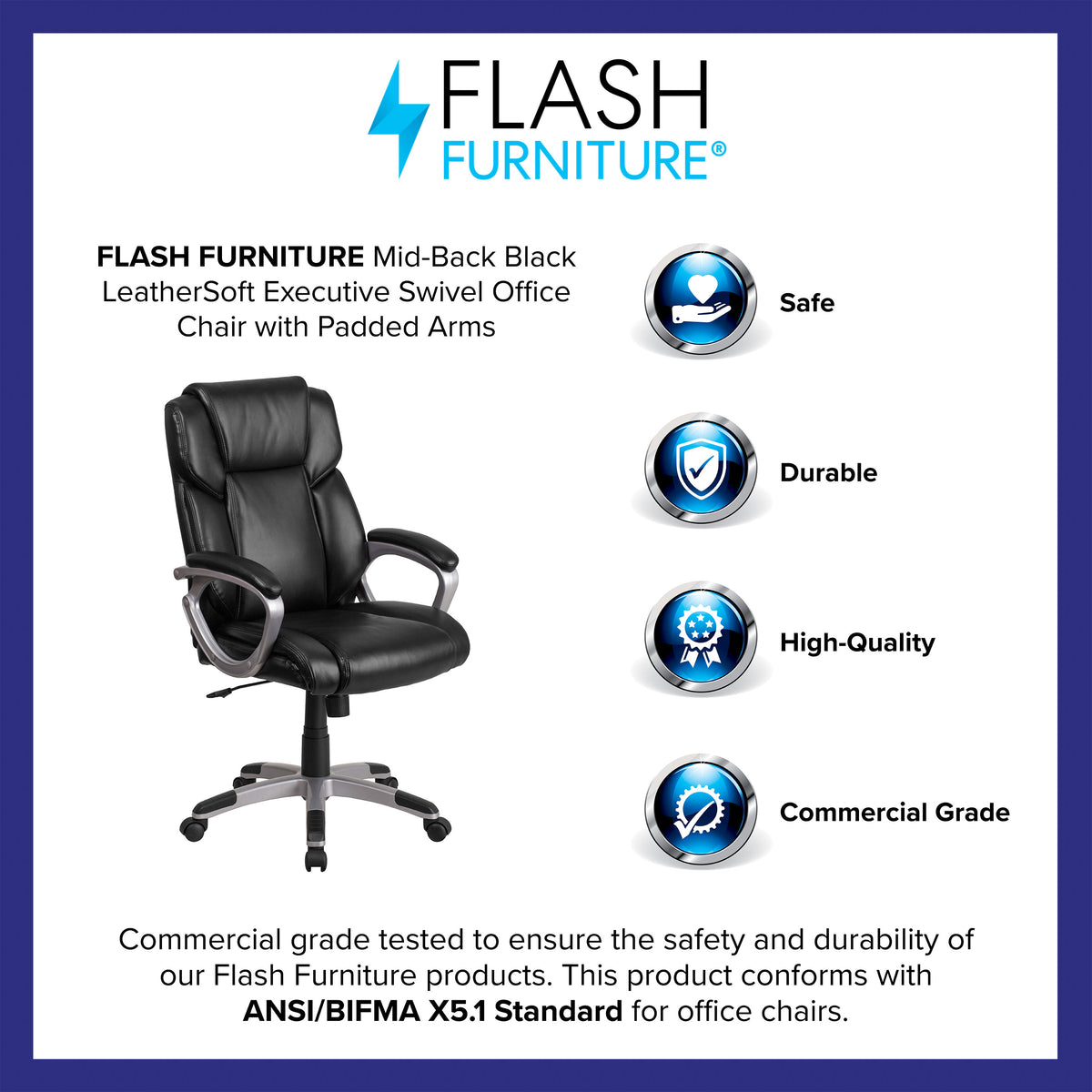 Black |#| Mid-Back Black LeatherSoft Executive Swivel Office Chair with Padded Arms
