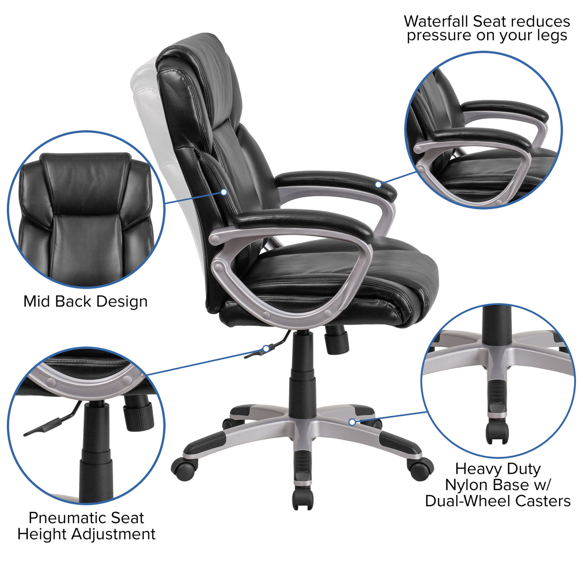 Black |#| Mid-Back Black LeatherSoft Executive Swivel Office Chair with Padded Arms