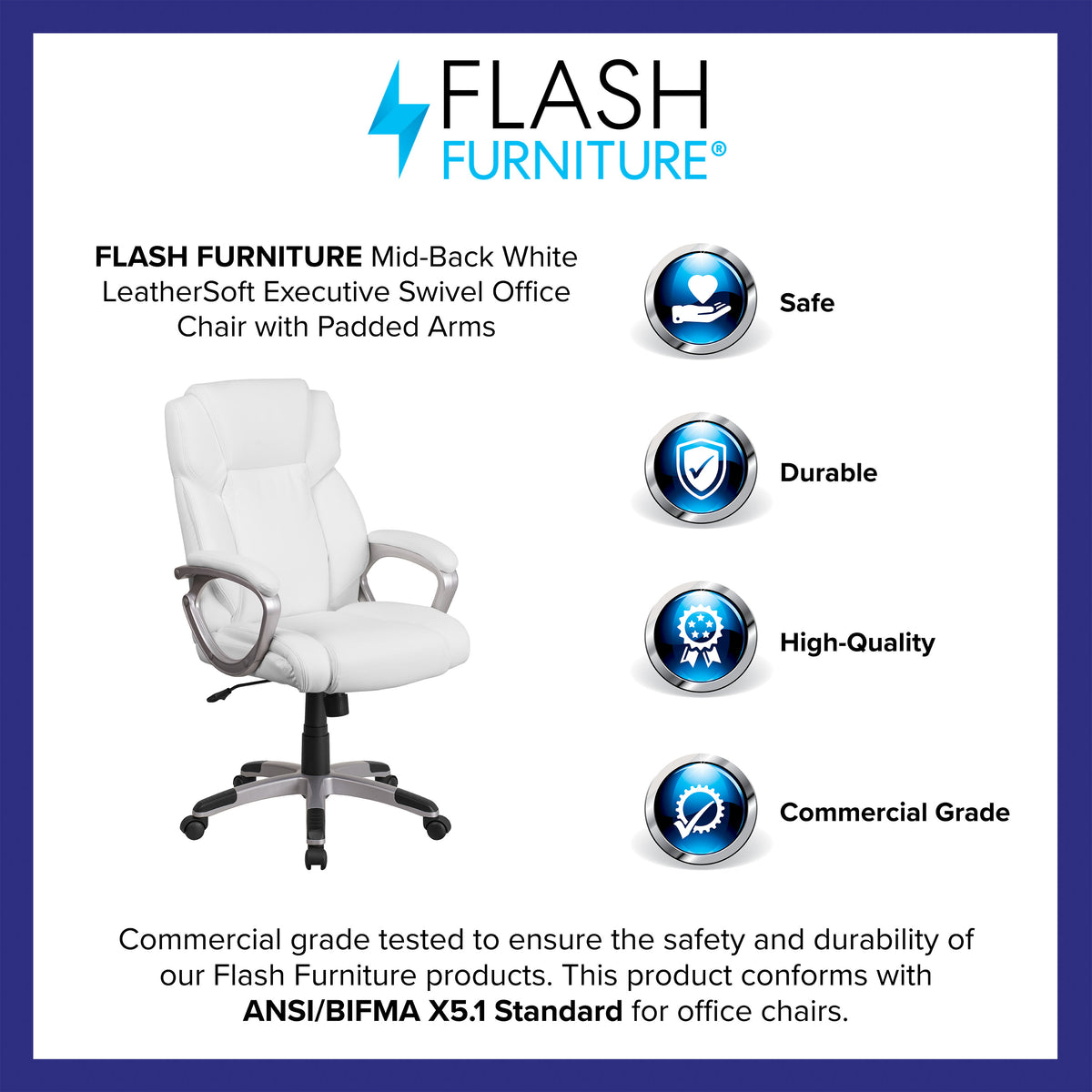 White |#| Mid-Back White LeatherSoft Executive Swivel Office Chair with Padded Arms