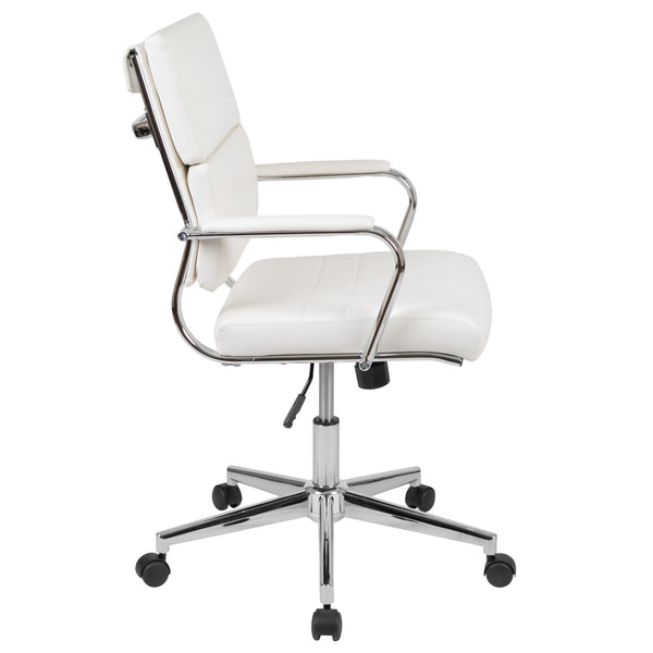 White |#| Mid-Back White LeatherSoft Contemporary Panel Executive Swivel Office Chair