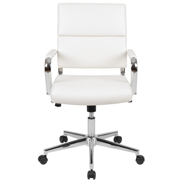 White |#| Mid-Back White LeatherSoft Contemporary Panel Executive Swivel Office Chair