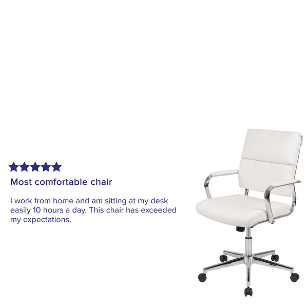 White |#| Mid-Back White LeatherSoft Contemporary Panel Executive Swivel Office Chair