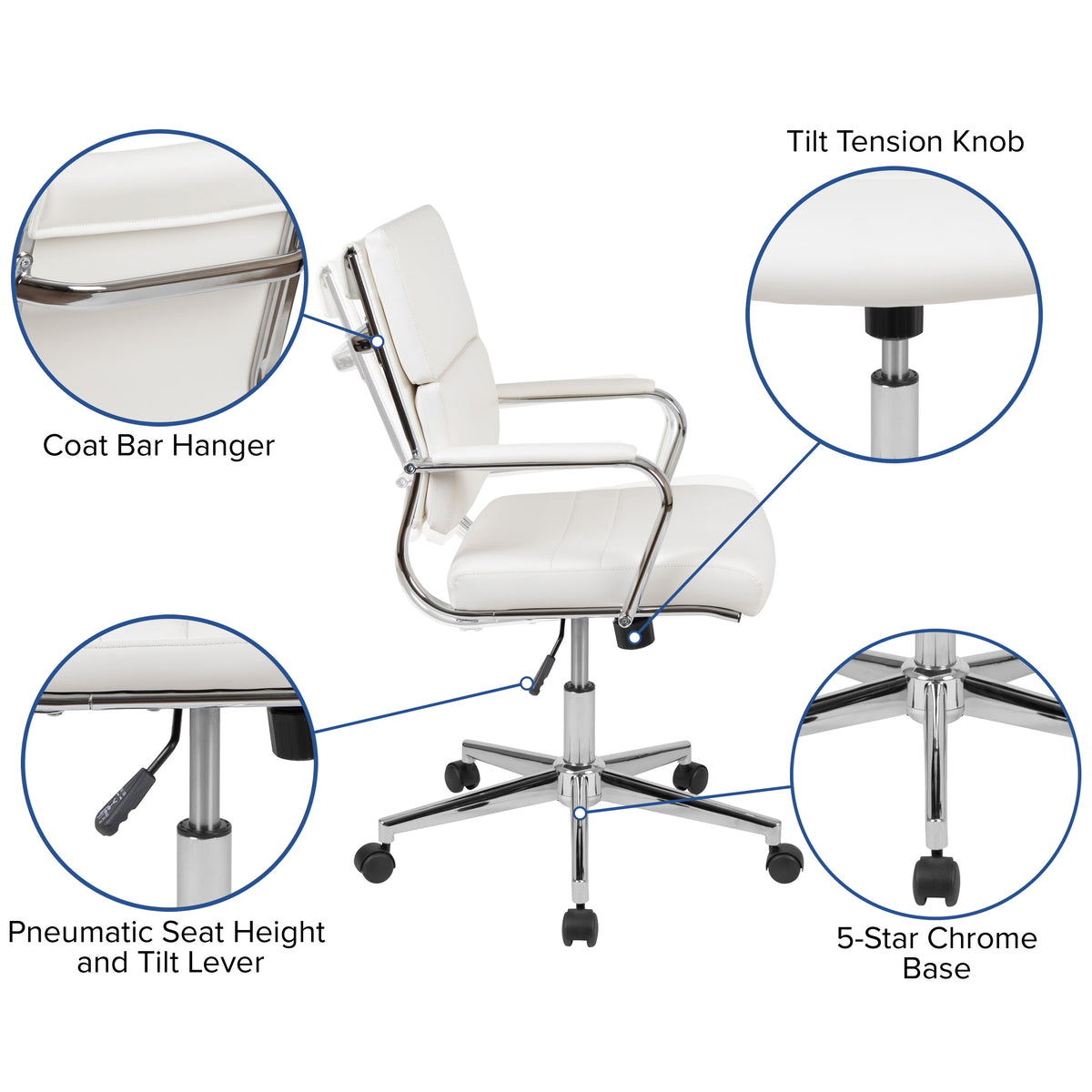 White |#| Mid-Back White LeatherSoft Contemporary Panel Executive Swivel Office Chair