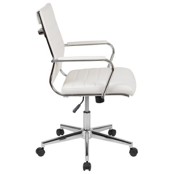 White |#| Mid-Back White LeatherSoft Ribbed Executive Swivel Office Chair - Desk Chair