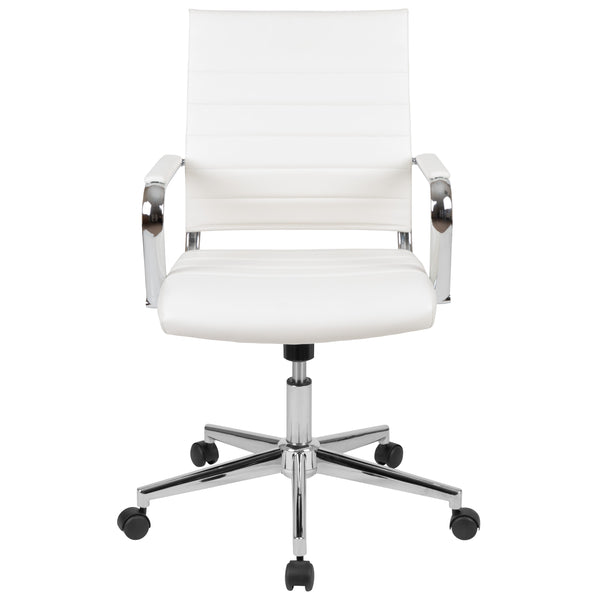 White |#| Mid-Back White LeatherSoft Ribbed Executive Swivel Office Chair - Desk Chair