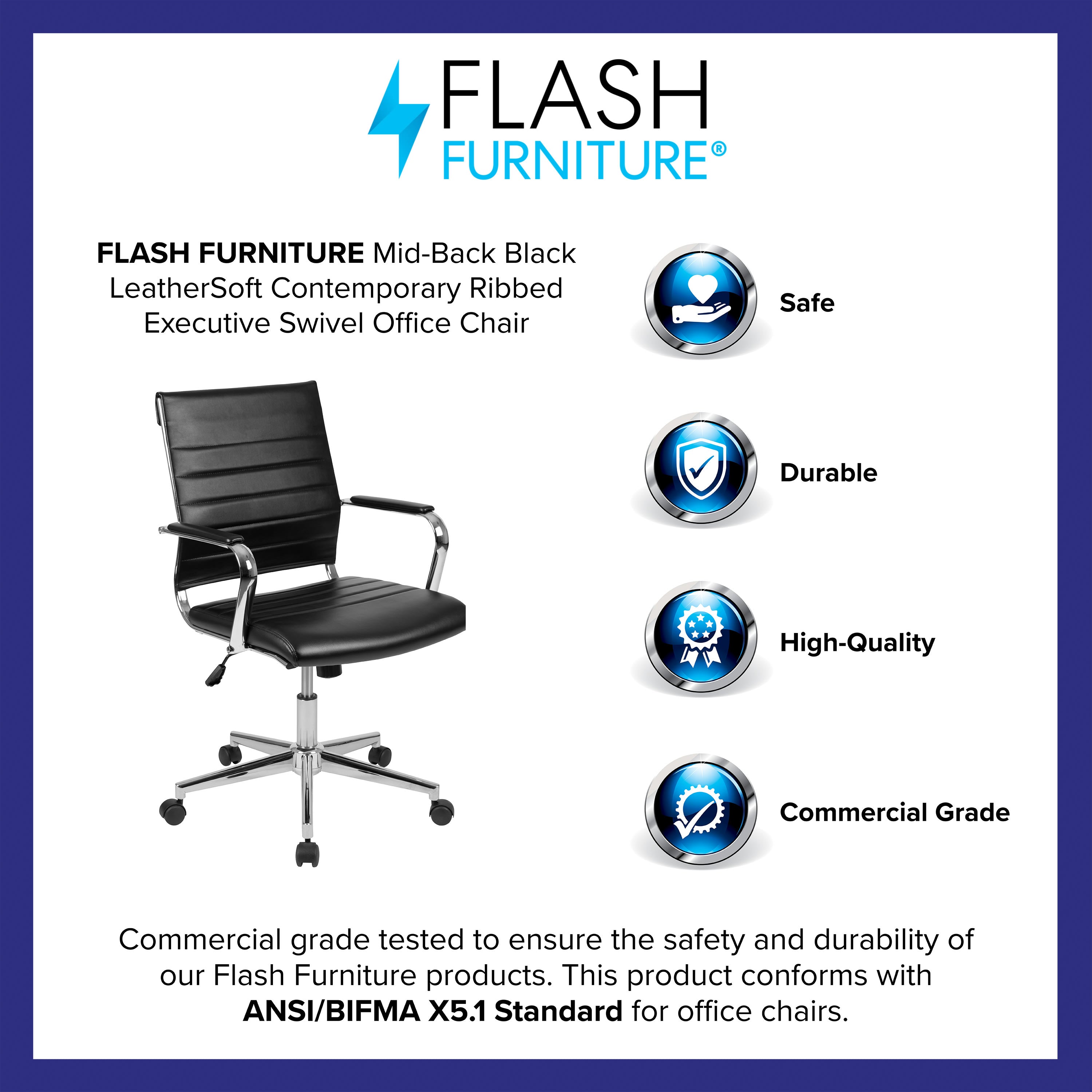 Flash Furniture Mid Back Black LeatherSoft Contemporary Ribbed Executive Swivel Office Chair