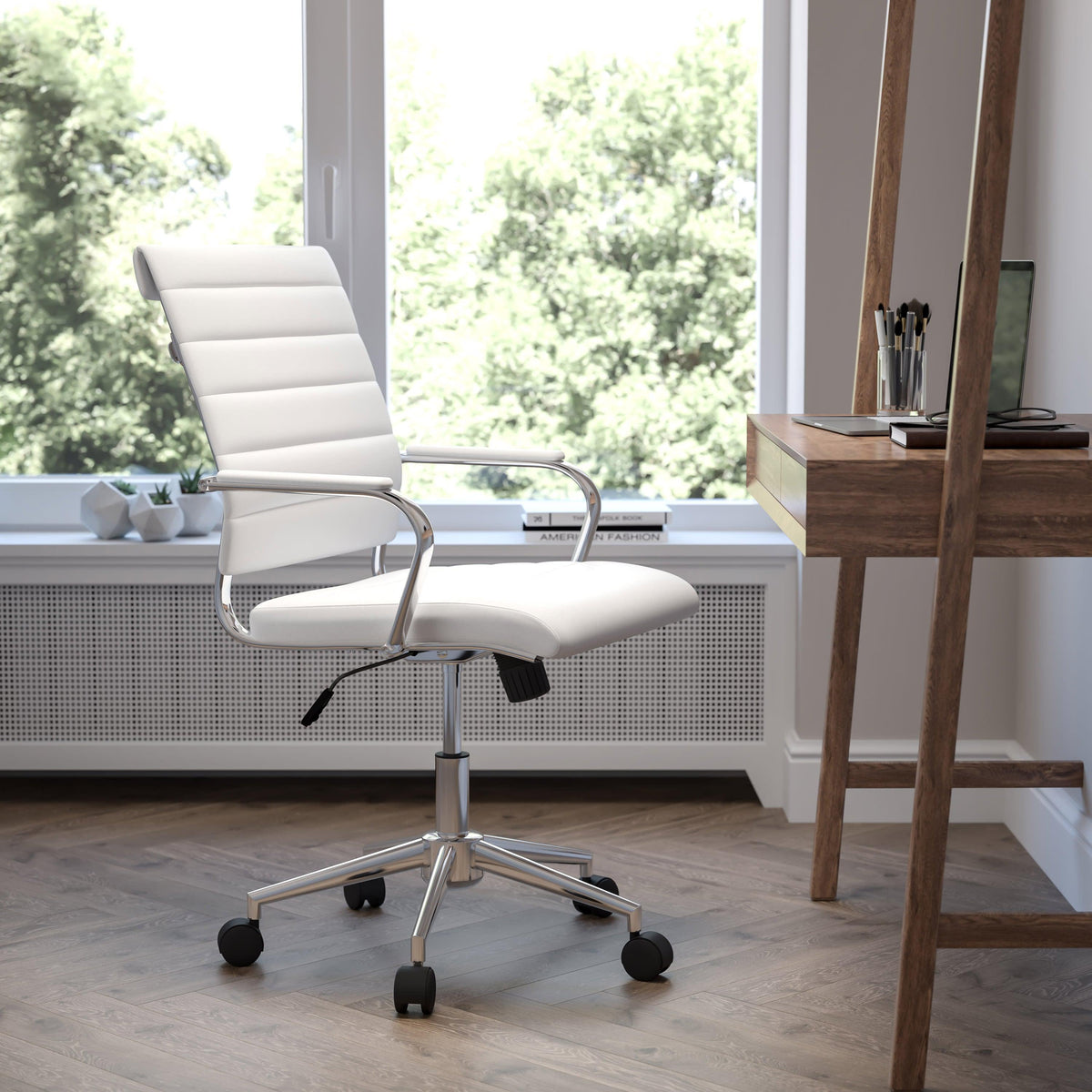 White |#| Mid-Back White LeatherSoft Ribbed Executive Swivel Office Chair - Desk Chair