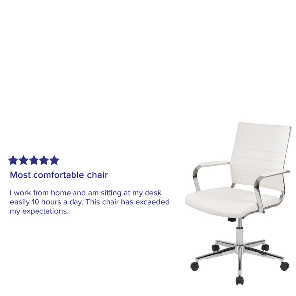 White |#| Mid-Back White LeatherSoft Ribbed Executive Swivel Office Chair - Desk Chair