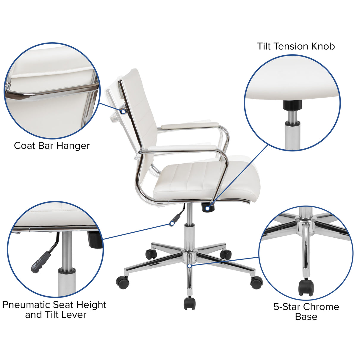 White |#| Mid-Back White LeatherSoft Ribbed Executive Swivel Office Chair - Desk Chair