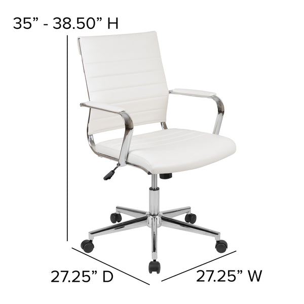 White |#| Mid-Back White LeatherSoft Ribbed Executive Swivel Office Chair - Desk Chair