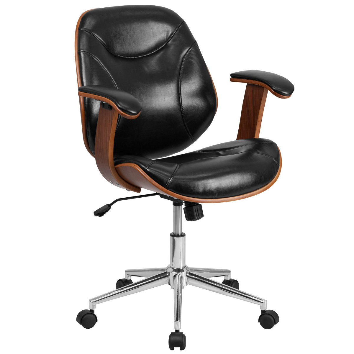 Mid-Back Black LeatherSoft Executive Ergonomic Wood Swivel Office Chair w/Arms