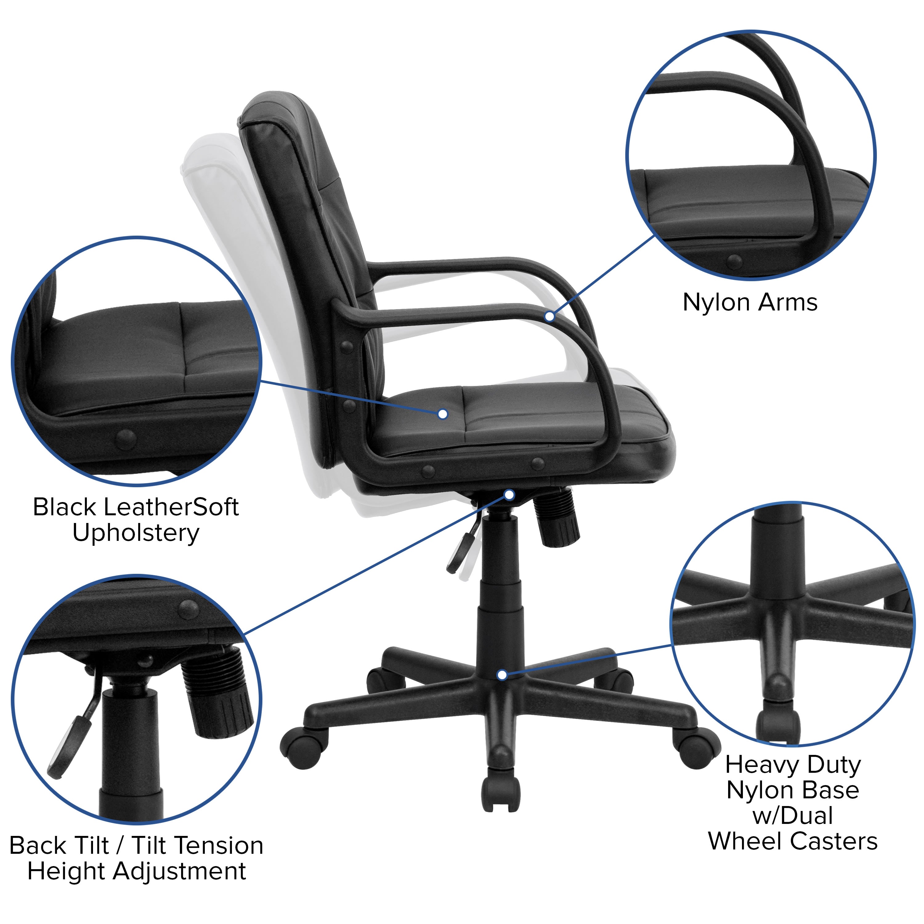 Mid-Back LeatherSoft Swivel Task Office Chair with Arms - Thumbnail 5