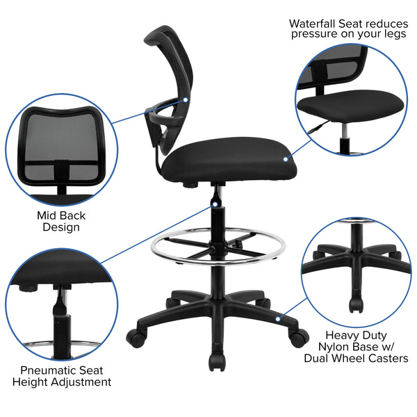 Black |#| Mid-Back Black Mesh Drafting Chair with Contoured Backrest and Adjustable Height