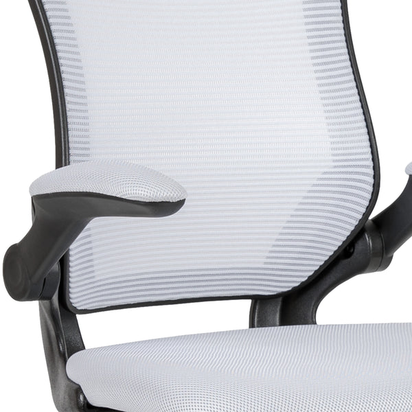 White |#| Mid-Back White Mesh Ergonomic Drafting Chair with Foot Ring and Flip-Up Arms