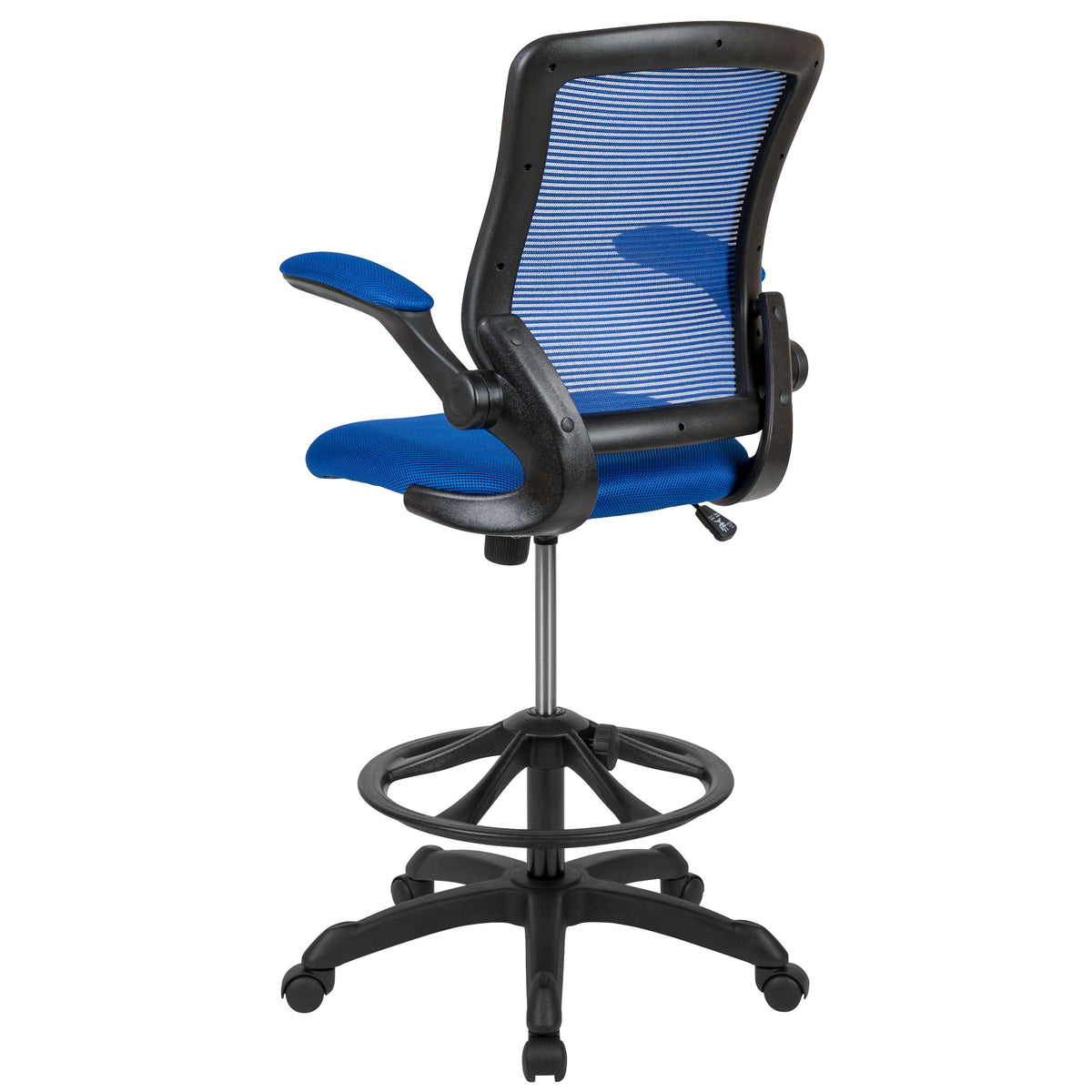 Blue |#| Mid-Back Blue Mesh Ergonomic Drafting Chair with Foot Ring and Flip-Up Arms