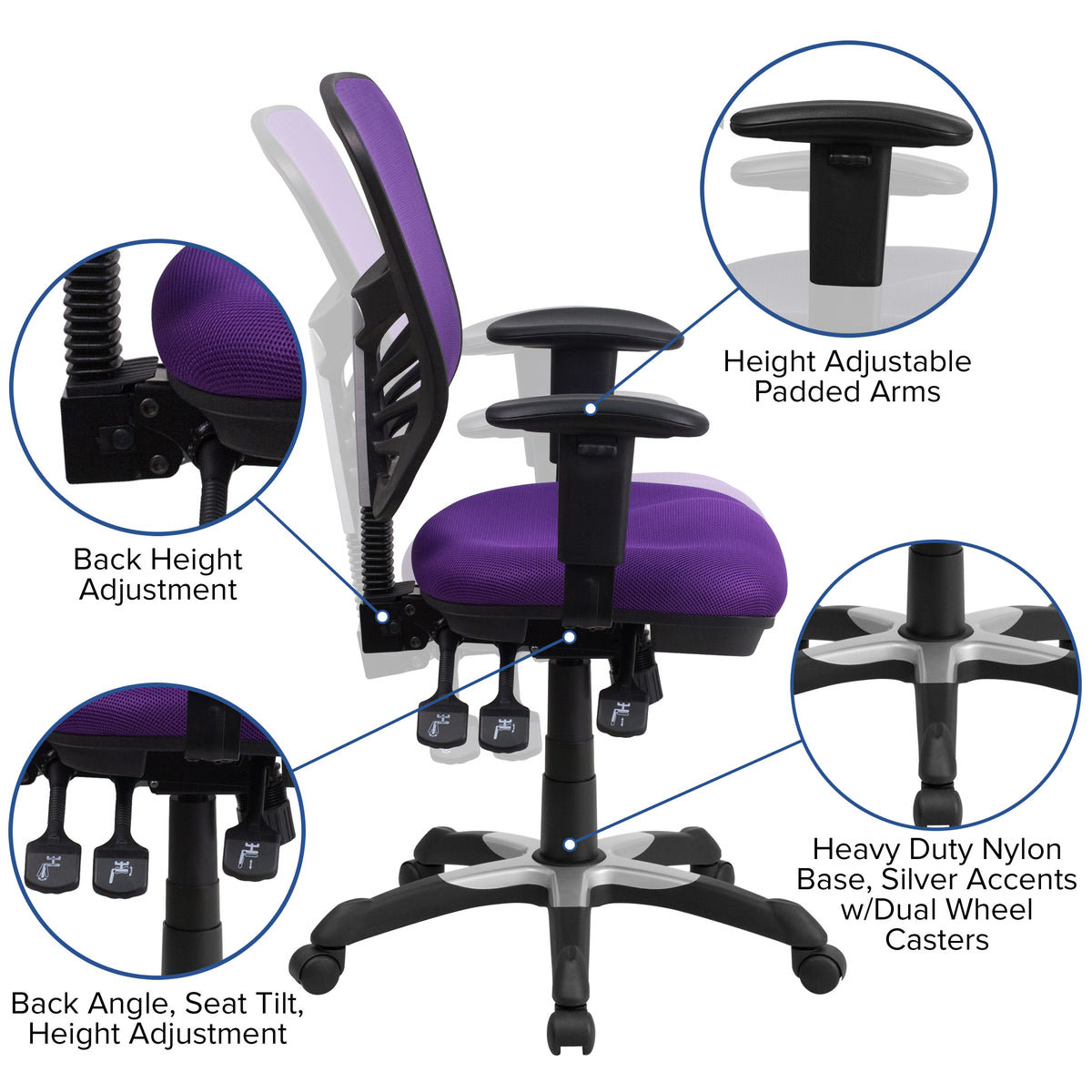 Purple/Black Frame |#| Mid-Back Purple Mesh Multifunction Ergonomic Office Chair with Adjustable Arms